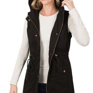 Loose fit drawstring waist military hoodie vest in Black
